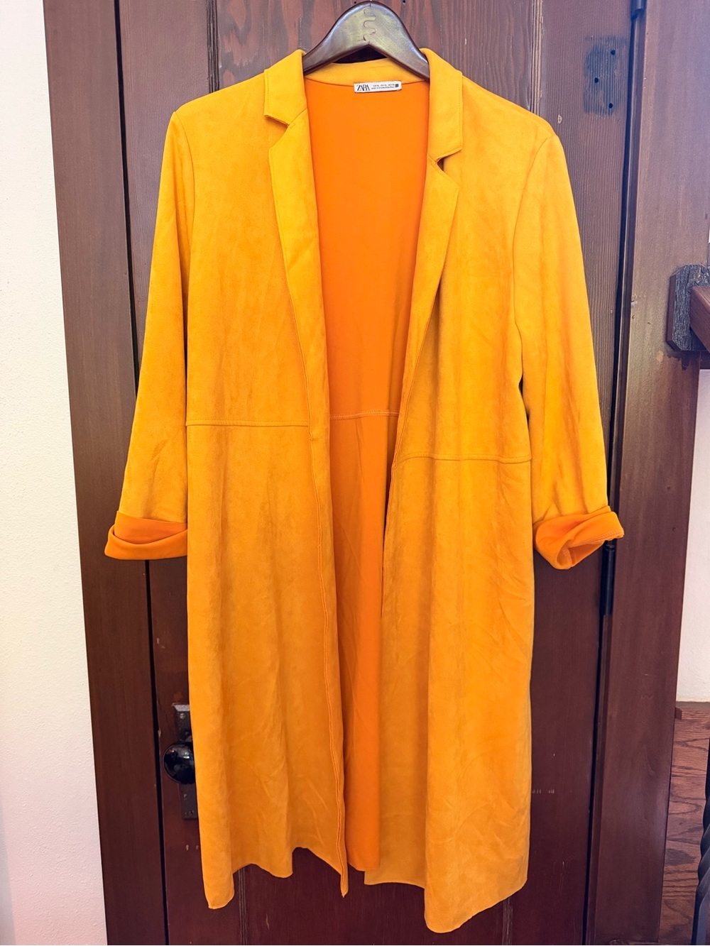 Zara Women's Long Open Front Coatigan in Bright Mustard yellow XL Faux Suede